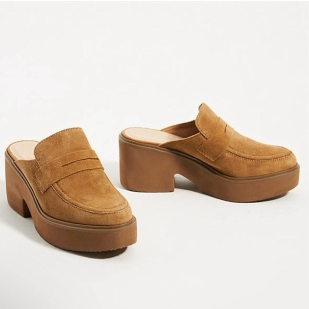 Anthropologie Matisse Kelly Tan Suede Platform Mules Loafers Size 10 - Picture 1 of 8